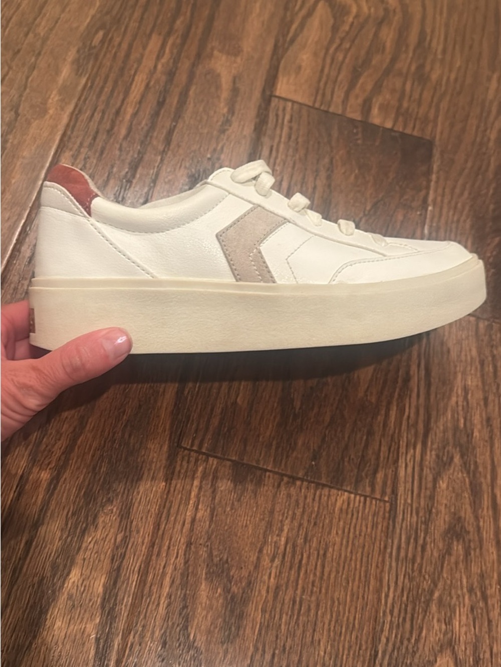 Dr. Scholl's White Leather Platform Sneakers with Beige Chevron and Brown Heel